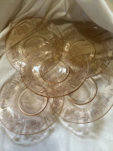 Vtg Pink Depression Bread & Butter Plates Set Of 5 Cabbage Rose Pattern READ