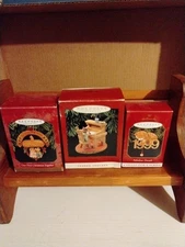3~HALLMARK KEEPSAKE ORNAMENTS 1995 MOUSE WISH LIST, 1997 OUR 1ST, 1999 TABBY CAT