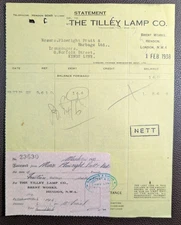 1938 Tilley Lamp Co Hendon London Statement & Receipt to Kings Lynn