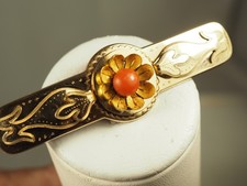 BROCHE ANCIENNE PLAQUE OR CORAIL ANCIEN ANTIQUE GOLD PLATE CORAL BROOCH