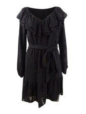 Michael Michael Kors Women's Ruffled V-Neck Dress (S, Black) 193599155043