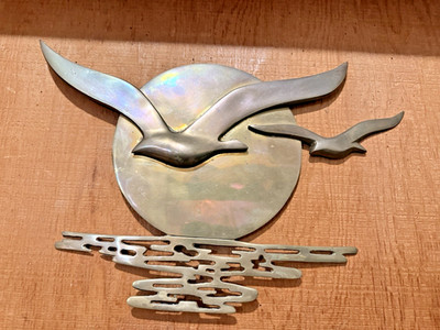 Mid-Century Brass Seagull Wall Art Sculpture Sun & Waves MCM Bijan Style