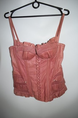 Dsquared2 100% Lamb Leather Y2K Corset Bustier Top Pink Ruffle Size 44 RARE
