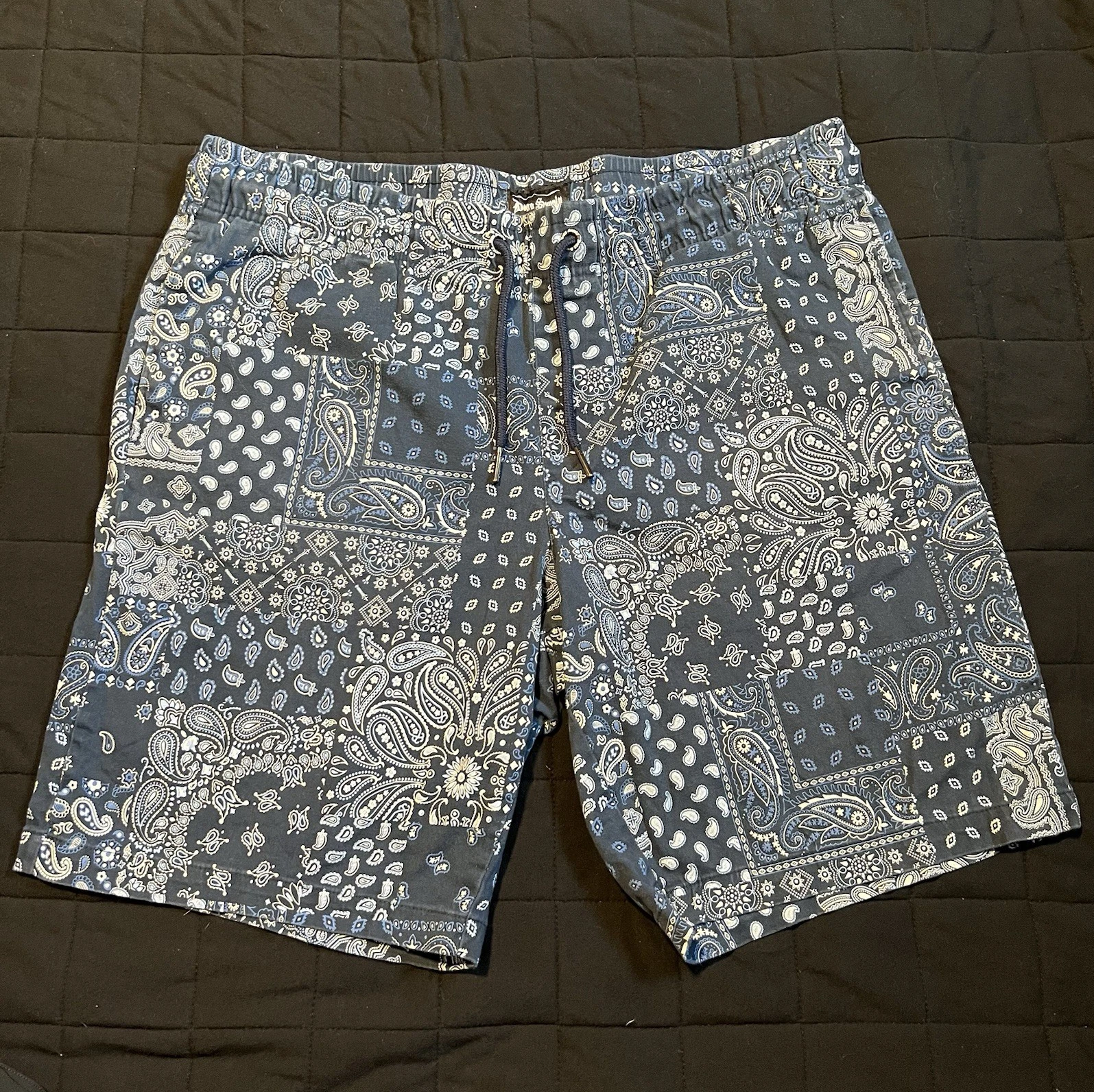 Dogg Supply Men’s Blue Paisley Chino Shorts XL Drawstring Elastic Waist Pockets