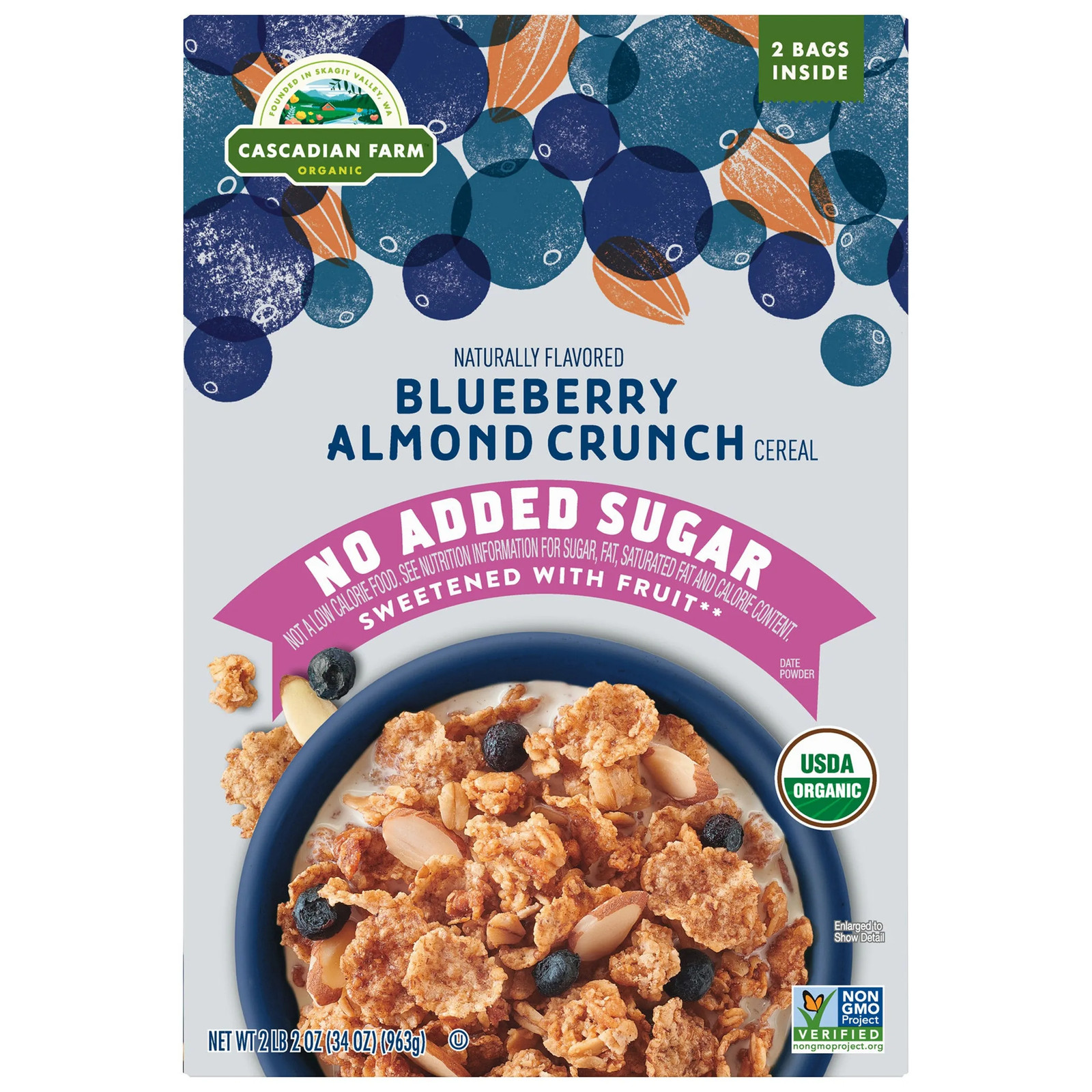Cascadian Farm Organic Blueberry Almond Crunch Cereal, 2 Bags, 34 oz Total
