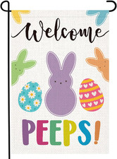 Welcome Easter Garden Flag 12X18 Inch Double Sided Burlap Bunny Peeps Small Gard