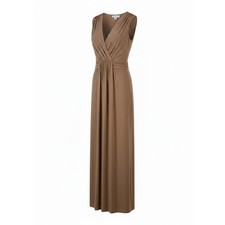 Carmen Marc Valvo Dress Sz 8 Tan Jersey V-Neck Sleeveless Maxi Evening Formal