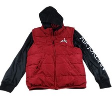 Jordan Puffer Vest Jacket Red Black Nike Air Logo Hooded Boys Youth 13-15 Yrs