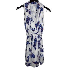 Collective Concepts Floral Mini Dress S White Blue Sleeveless Surplice Pocket