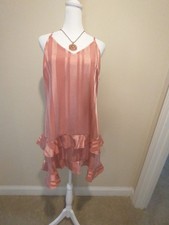 Peach Colored Midi dress with Shimmery Stripes and Ruffle Hem