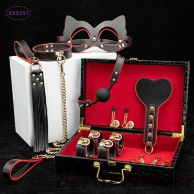 Sex Suit Bed Kits Slave Restraint PU Leather Handcuffs Collar Gag Whip Couples