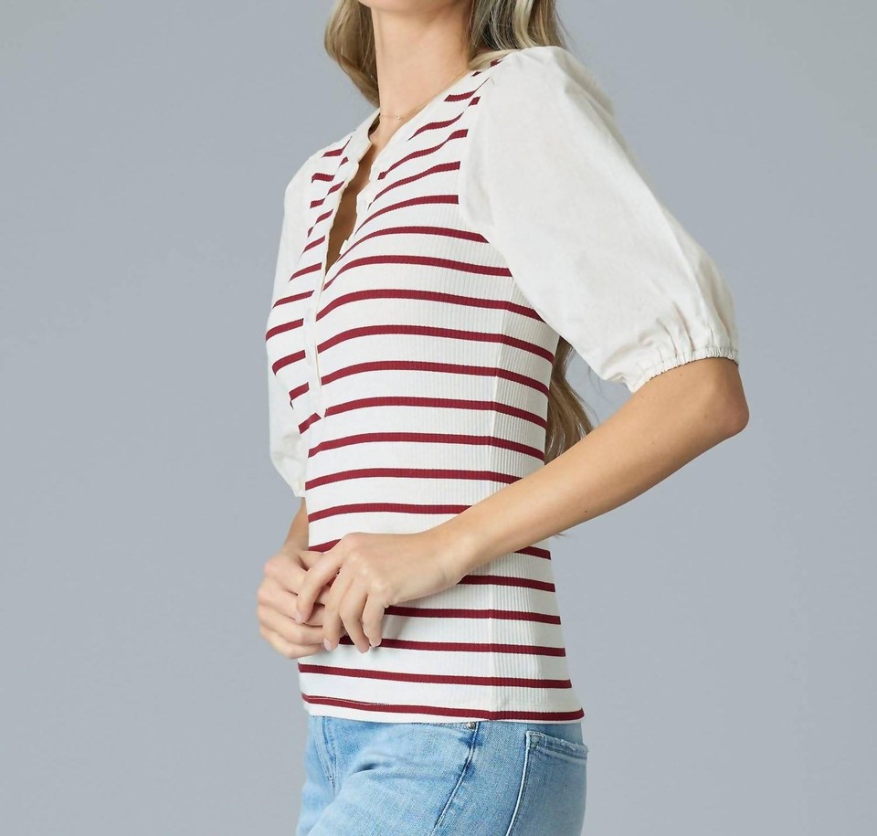 Downeast puff sleeve henley top in Tomato Stripe size M eBay
