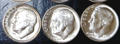 1954 pds BU ++ Roosevelt SILVER Dime Coins NICE 3 Coin LOT  PRICED AT MELT !