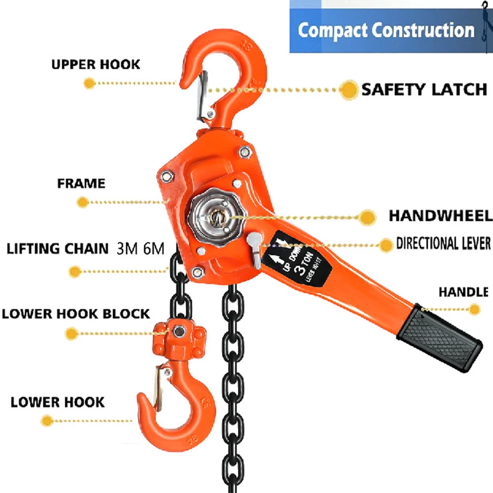 Polipasto de cadena de palanca de trinquete, polipasto de palanca manual 6T 6600 lb con freno de doble trinquete Foto 3 de 4
