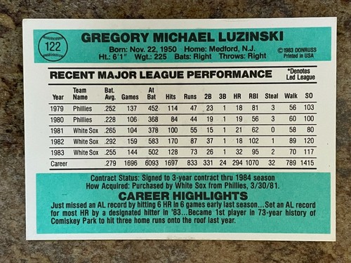 1984 Donruss #122 Greg Luzinski - Chicago White Sox - Picture 2 of 2