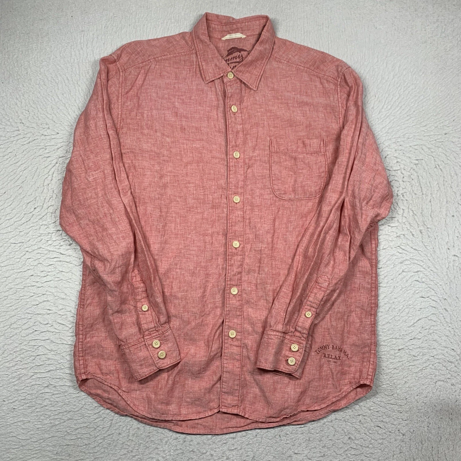 Tommy Bahama Linen Shirt Relax Mens Large Red Button Up Long Sleeve Marlin
