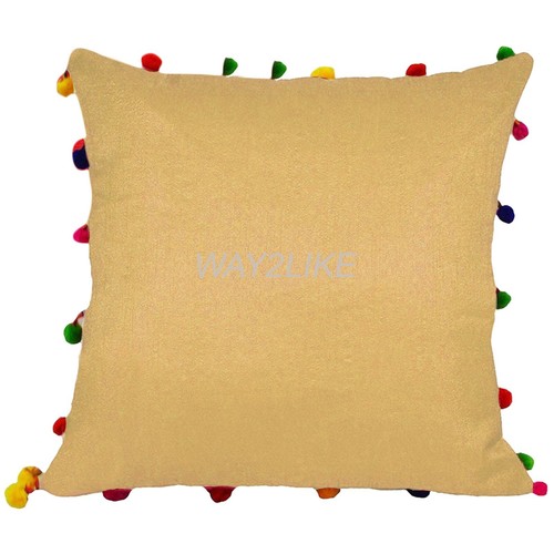 Cushion Cover Poly Dupion Silk With Pom Pom Pillowcase for Couch Sofa Pack of 2 - Picture 2 of 21