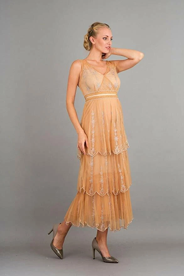 Nataya Dress Layered Formal tan-gold S Gatsby Victorian Lace NWT wedding #40235 - Image 4 of 4