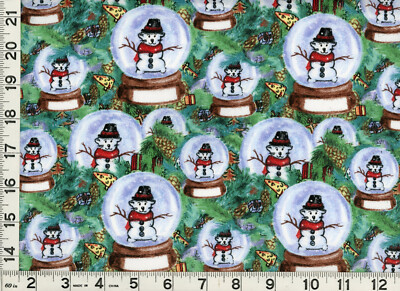 Pet Snowmen Snow Globes on Green Christmas Quilting Fabric by Yard #3218