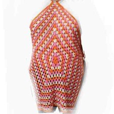 Fashion Nova Pink Orange Cream Crochet Halter Mini Dress Coverup Size S/M