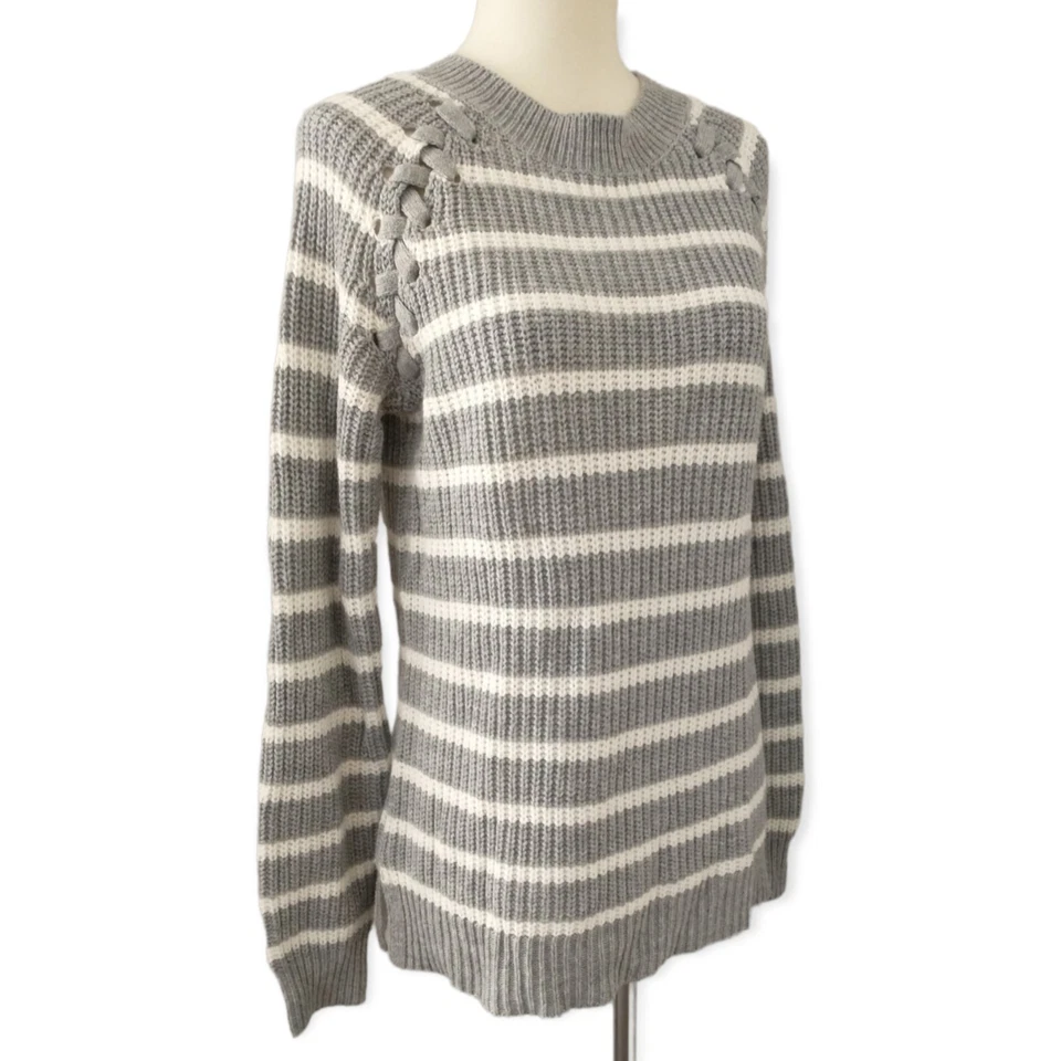 SO Fisherman Sweater M Striped Chunky Lace Up Shoulder Cozy Gray White Relaxed - Image 2 of 4