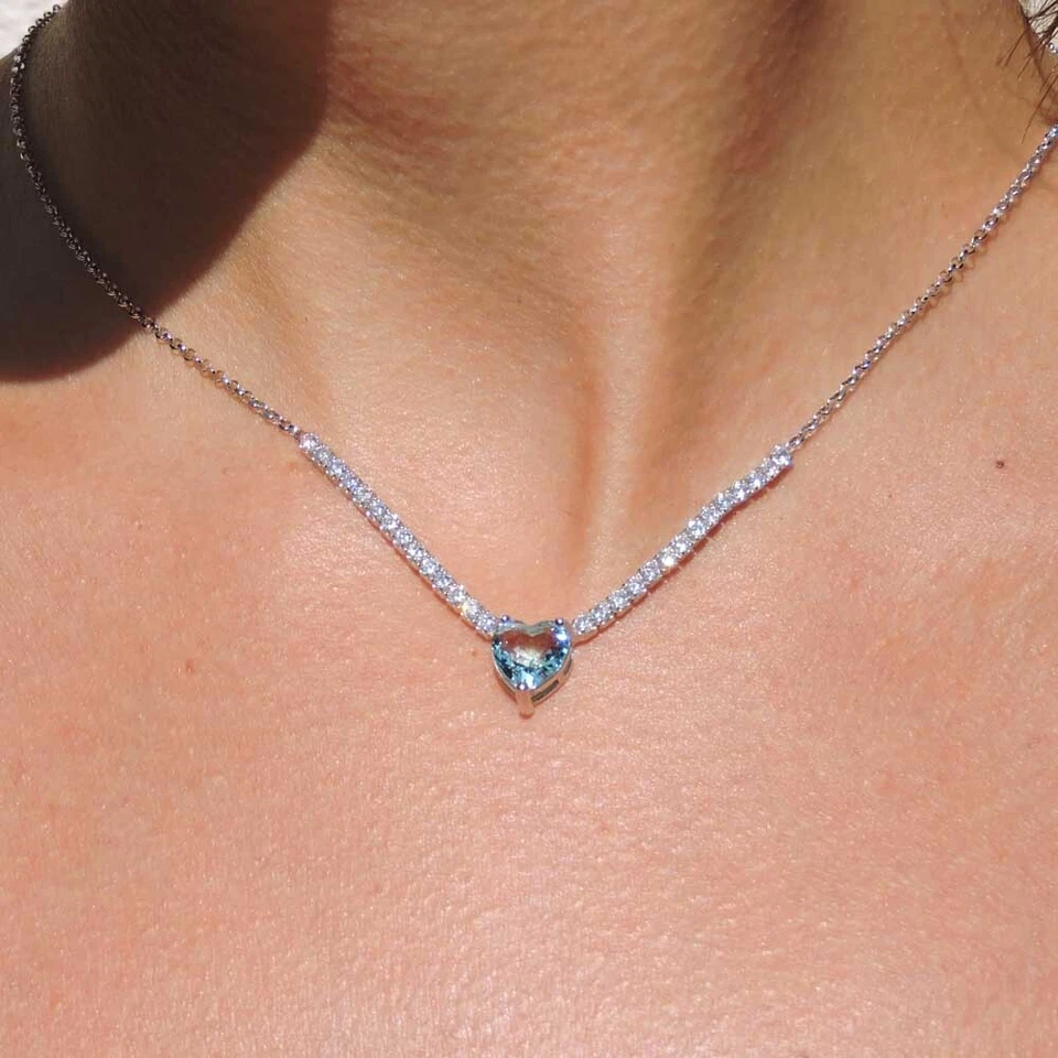Collana Tennis in Argento Sterling 925 con Zircone Cuore Acquamarina e Zirconi B - Immagine 3 di 4