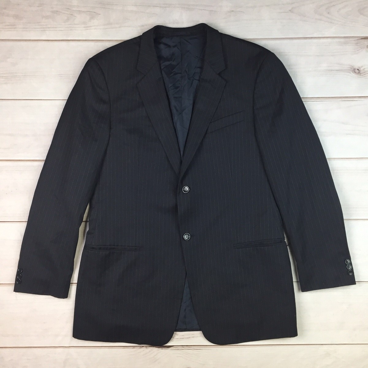 $1295 Armani Collezioni Mens 54L 44L Navy Wool Pinstriped 2 Button