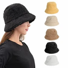 Womens Warmer Fluffy Plush Bucket Hat Ladies Warm Winter Faux Fur Fisherman Cap