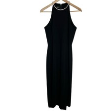 Vintage Tahari Formal Dress 10 Black Rhinestone Classic Cocktail Side Slit Y2K