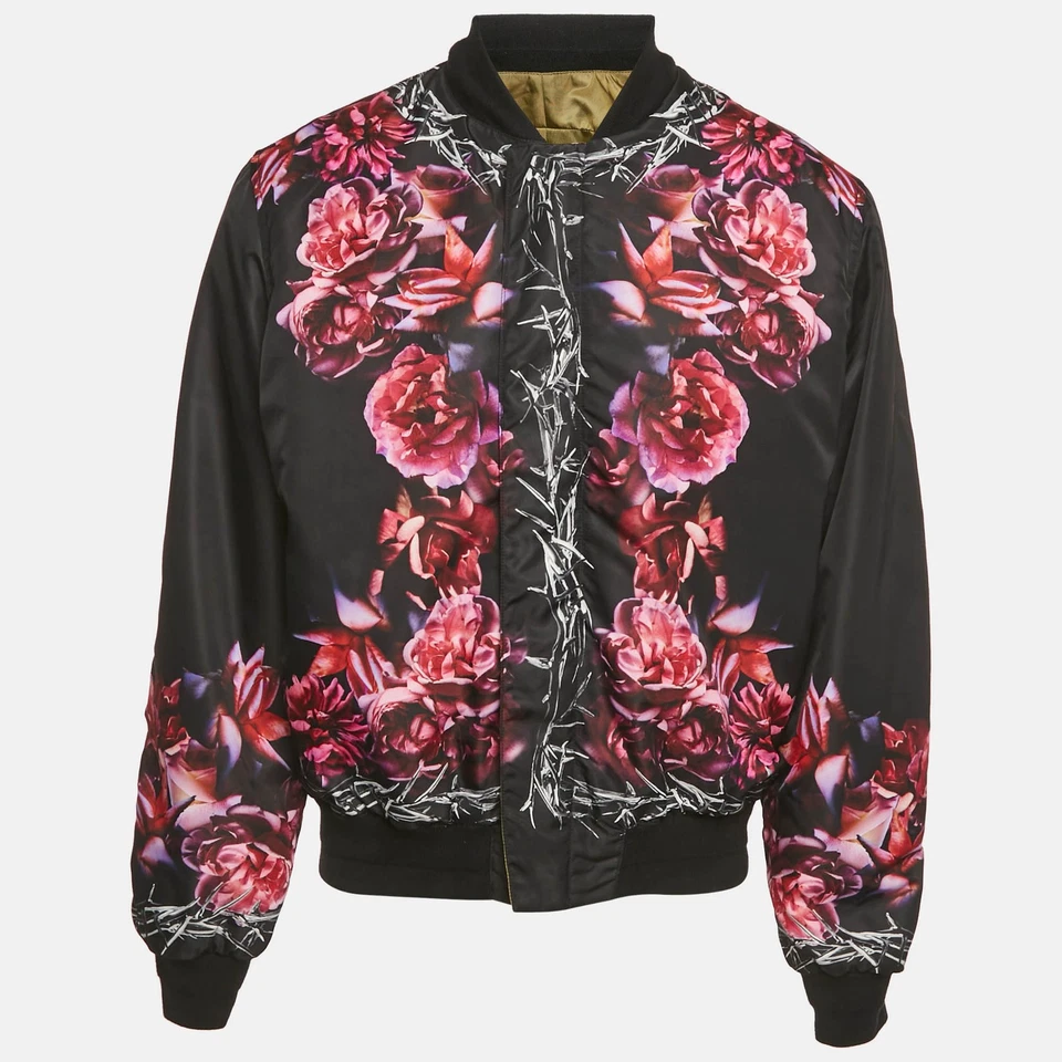 Chaqueta Bomber Givenchy Negra Estampado Espina y Rosa Nylon Reversible L