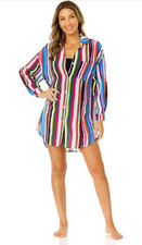 Anne Cole Womens Medium Striped Boyfriend Cove Button Down Swim Cover Up 88