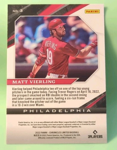 2022 Panini Chronicles - Limited Matt Vierling #3 (RC) - Philadelphia Phillies - Picture 2 of 2