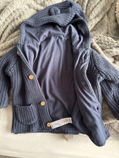 Button up navy hooded jacket, size 6-9 months, only worn a handful of times