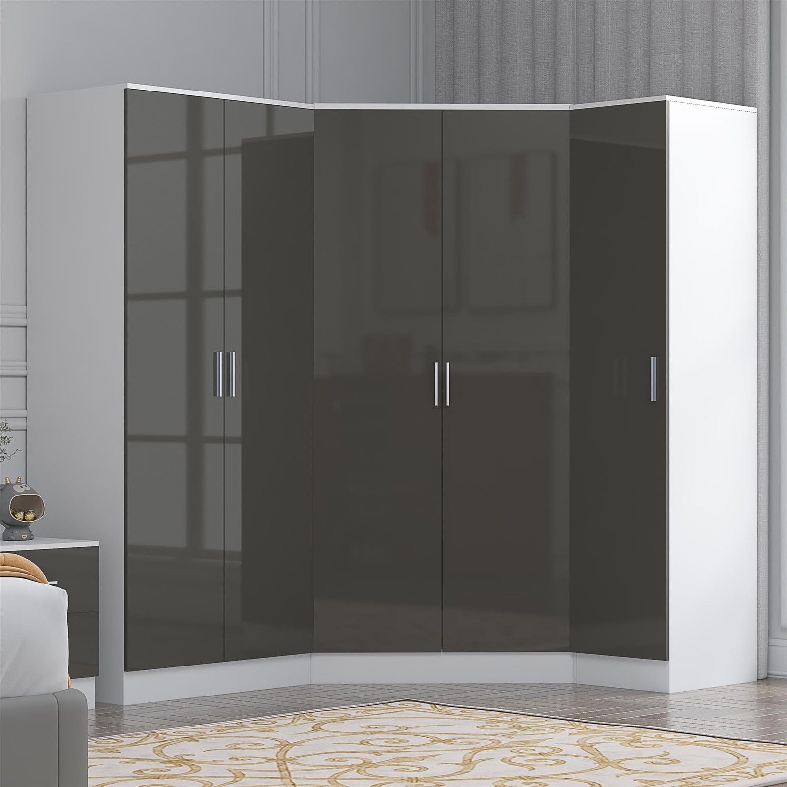 REFLECT 2 Door Corner + 2 Plain + 1 Plain Door Wardrobe Bundle - Grey/White