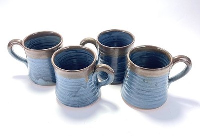 Blue Drip Glaze Studio Pottery Mugs (4 pc) Handmade Hand-Thrown Stoneware Rustic