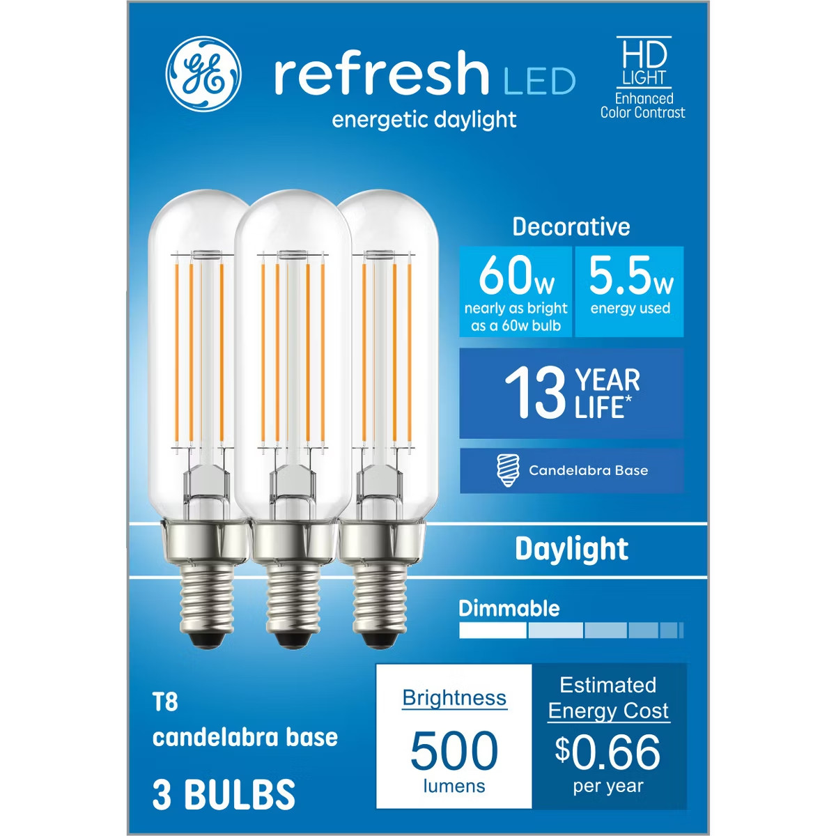 GE Refresh LED 60w Candelabra Base 3 Bulbs 500 Lumens 5.5w Dimmable