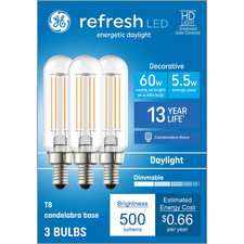 GE Refresh LED 60w Candelabra Base 3 Bulbs 500 Lumens 5.5w Dimmable