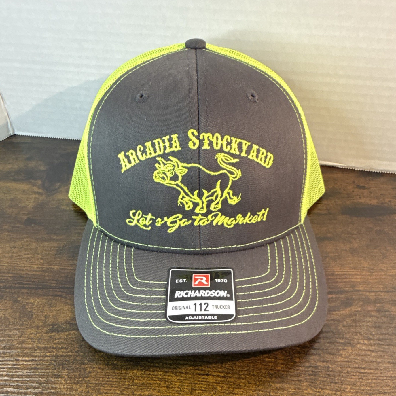 Richardson Arcadia Stockyard Gray/Neon Green Trucker Hat Mesh Back Adjustable