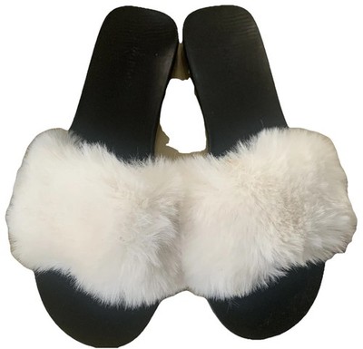 White Faux Fur Slip on Flat Slides Shoes Slippers Bamboo Full Moon Women Size 7