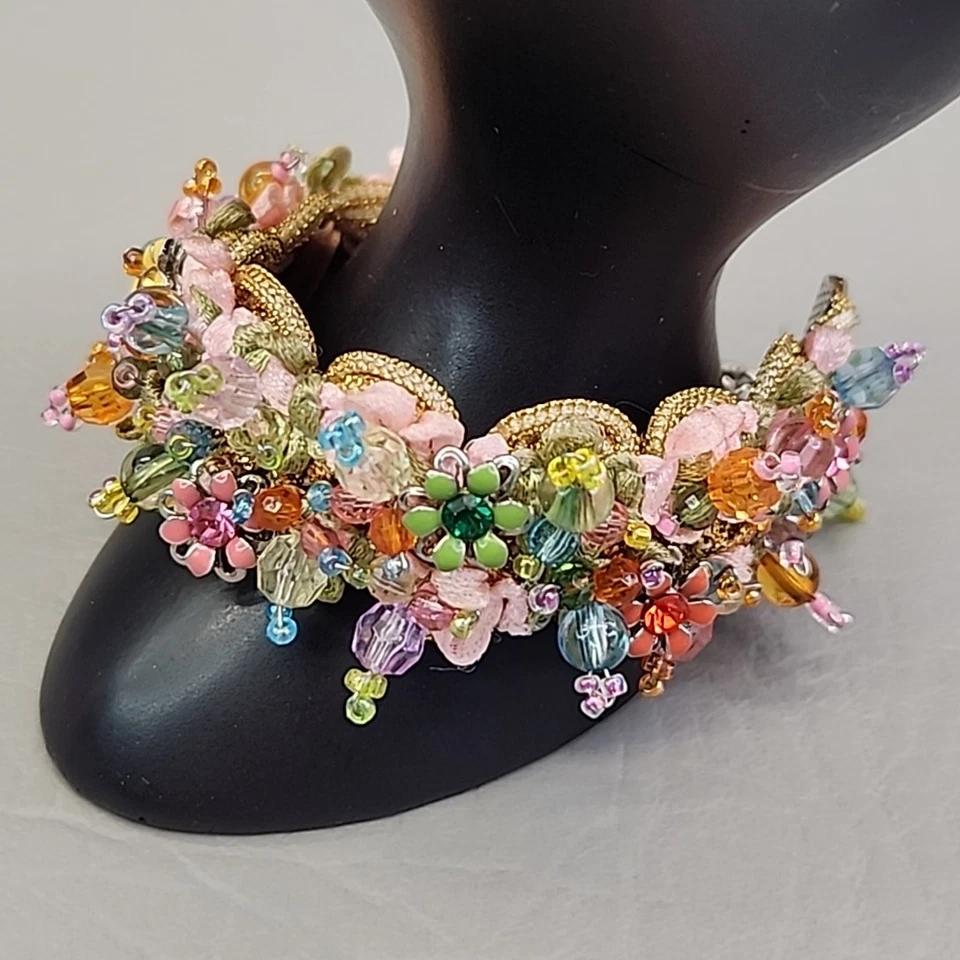 Beaded Bracelet Flexible Multicolor Pastels Fabric 7.5" - Image 2 of 4