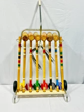 Vintage Wood Croquet Set on Wheeled Caddy Stand w Handle- 6 Player Mid Century 