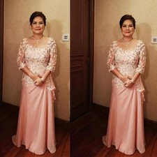 Dusty Pink Mother of The Bride Dresses 3/4 Sleeve Chiffon Wedding Evening Gown