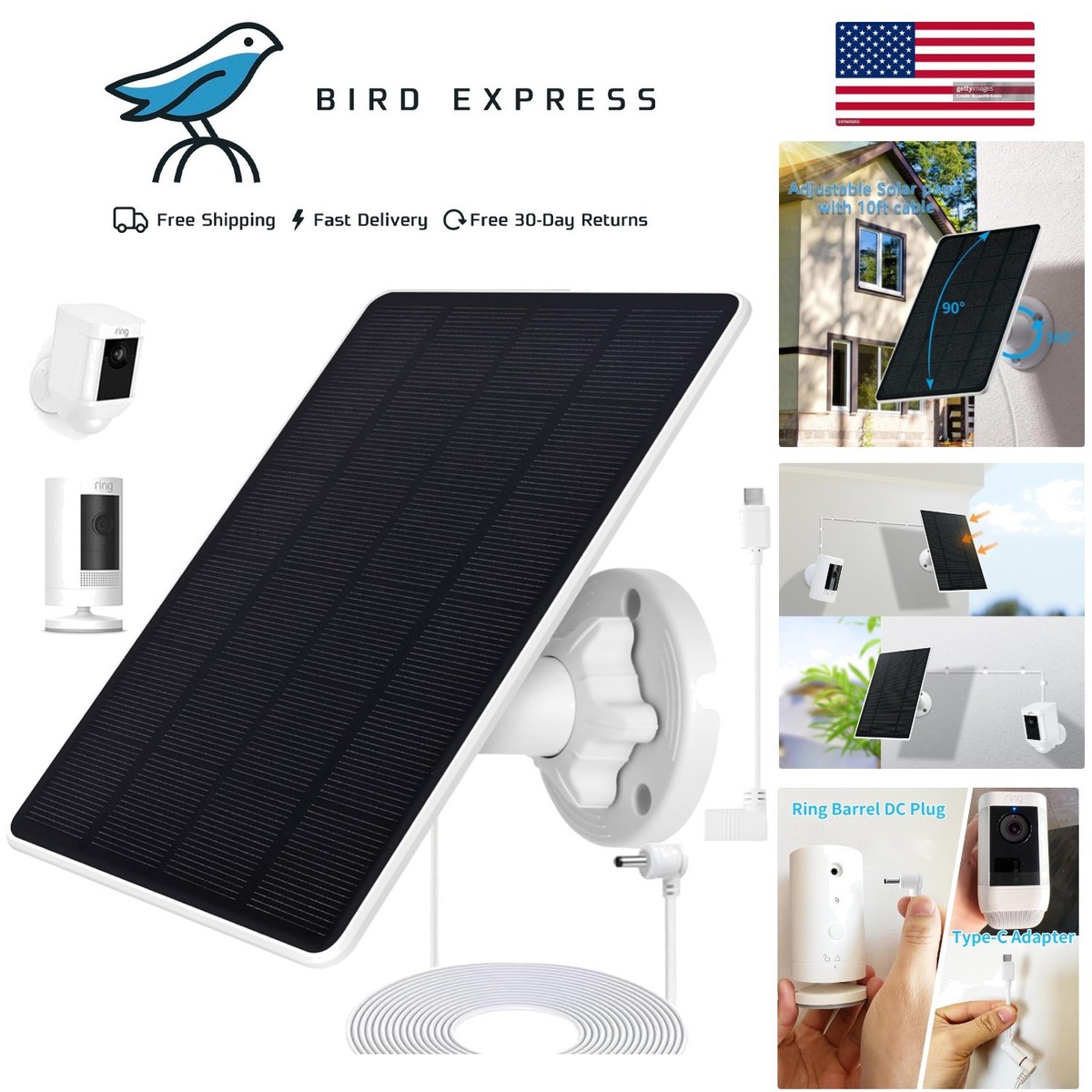 Ring Camera Solar Panel, Compatible with Ring Stick Up Cam Battery