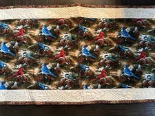 Quilted Table Runner Topper Red Blue CARDINALS PINECONES Hand Made 45.5 X 15