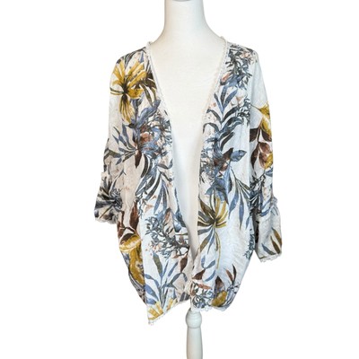 Francesca Bettini Italy Floral Linen Open Front Kimono One Size Natural Cottage