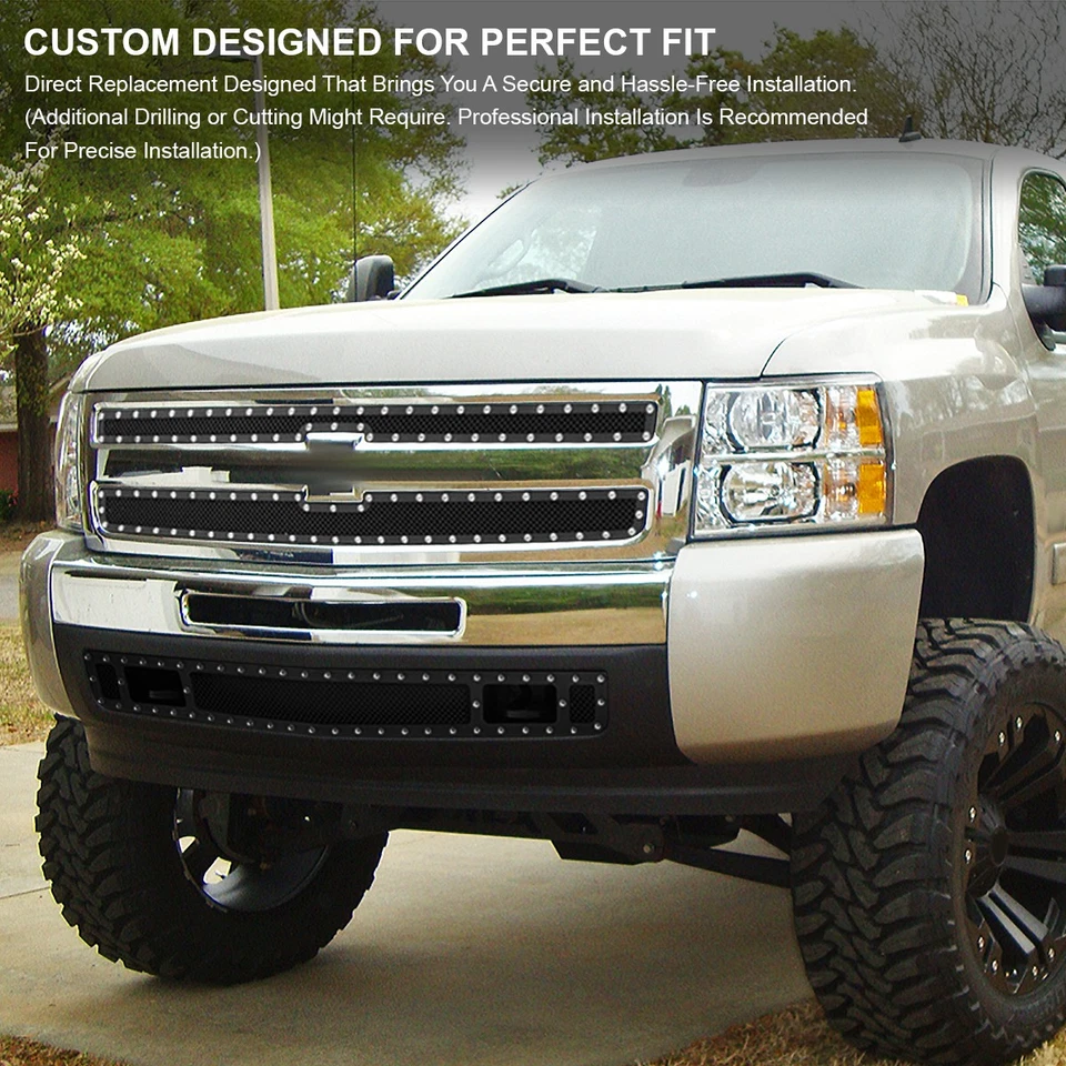 Fits 2007-2013 Chevy Silverado 1500 Black Upper+Lower Mesh Grille Insert 3PC - Imagem 3 de 4