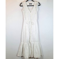 Polo Ralph Lauren Womens Day Linen Eyelet Midi Ruffle Tank Dress Size 0 White