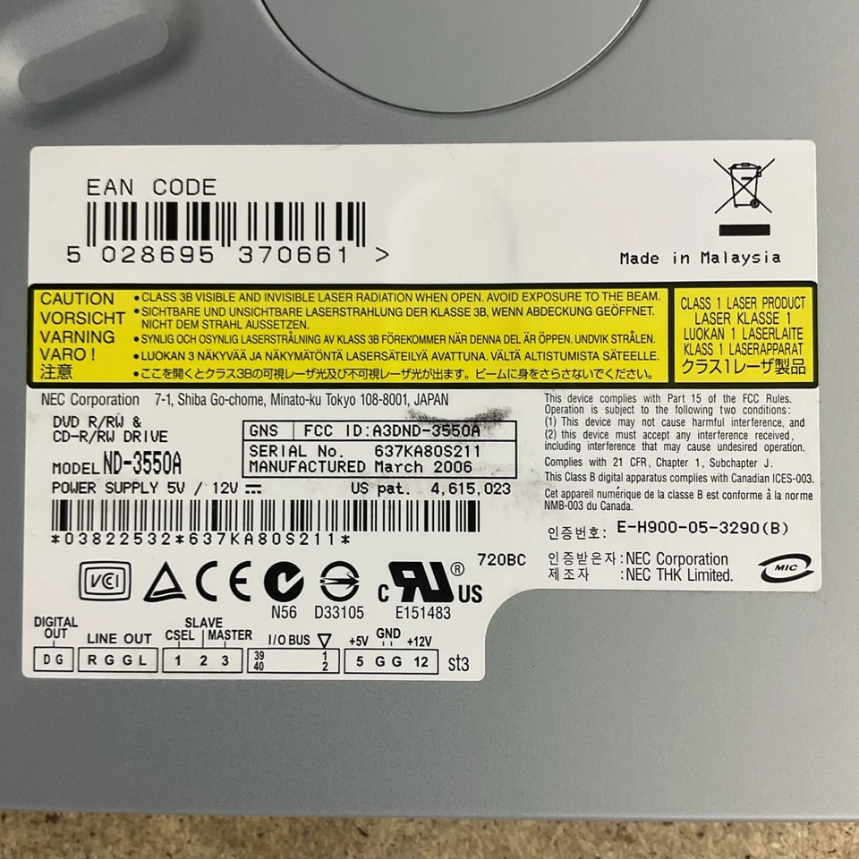 NEC Corp ND-3550A DVD-R/RW CD-R/RW Optical IDE Drive Not Tested - Image 3 of 4