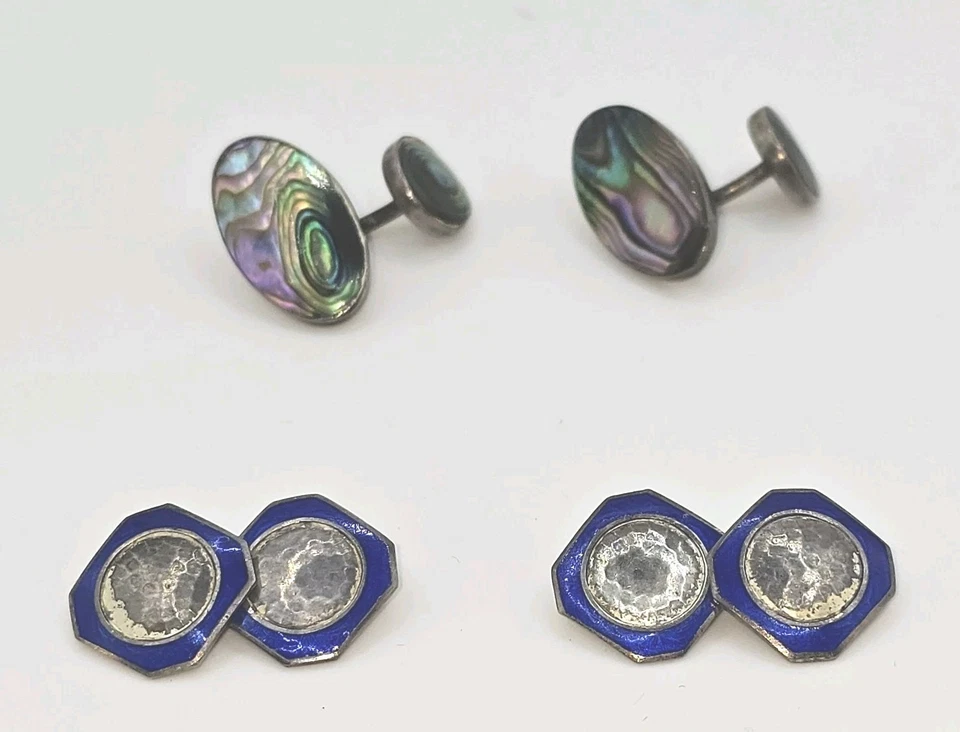 2 Pair Vintage Sterling Silver Cuff Links 1 W/Abalone + 1 W/Blue Enamel 11.1g - Image 2 of 4