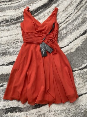 Milano Red Chiffon Pleated Sleeveless Knee Length V-Neck Dress Bow Waist Size 8